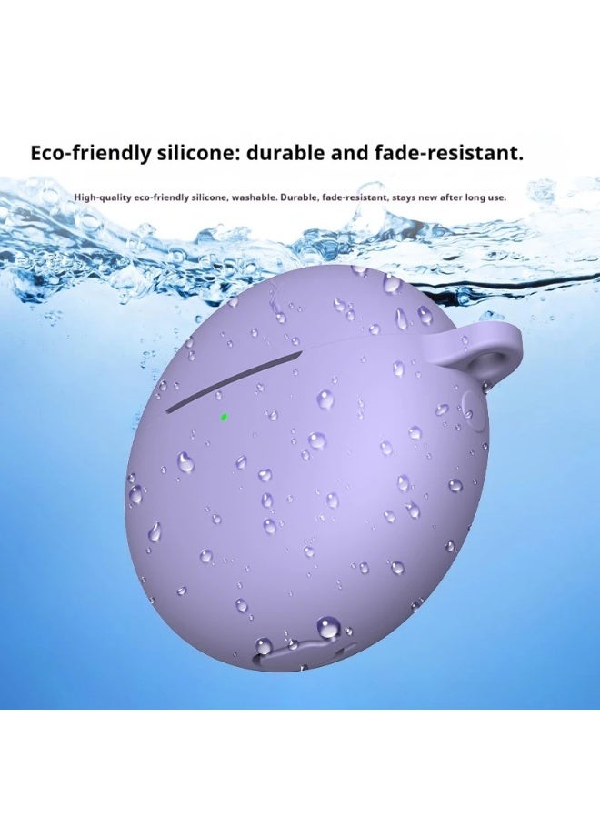 Silicone Case for Huawei FreeBuds 7i with Carabiner Hook, Shockproof Protective Cover, Solid Color (Lavender) - Image 3